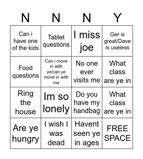 Nanny bingo card Bingo Card