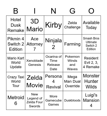 Nintendo Direct September Bingo Card