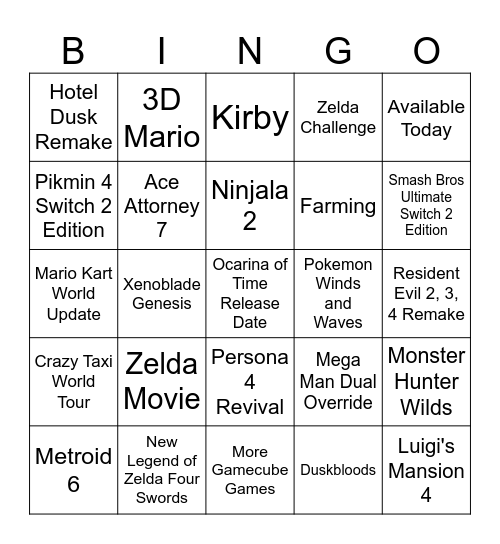 Nintendo Direct September Bingo Card