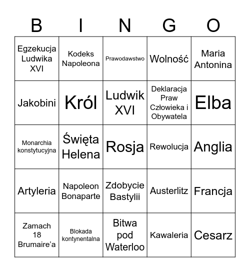 Epoka napoleońska Bingo Card