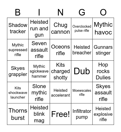 Mythic/exotic Bingo Card