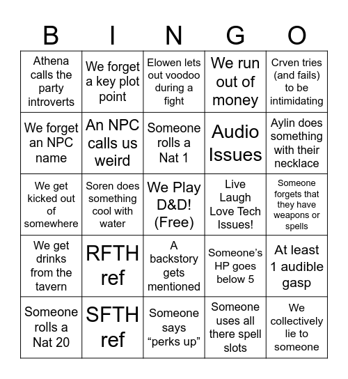 Waning Light Bingo Card