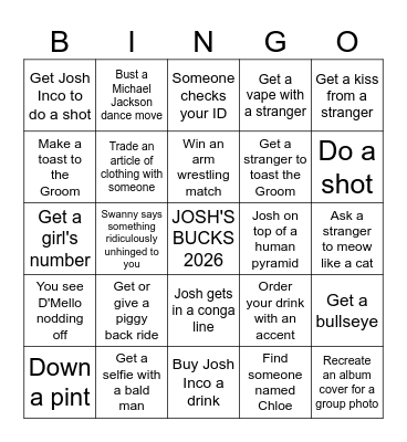 JOSH'S BUCKS Bingo Card