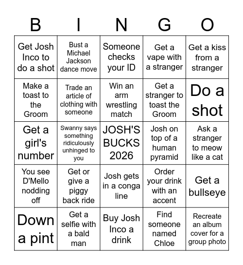 JOSH'S BUCKS Bingo Card