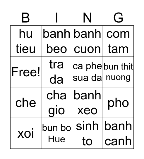 Mon an Viet Nam Bingo Card