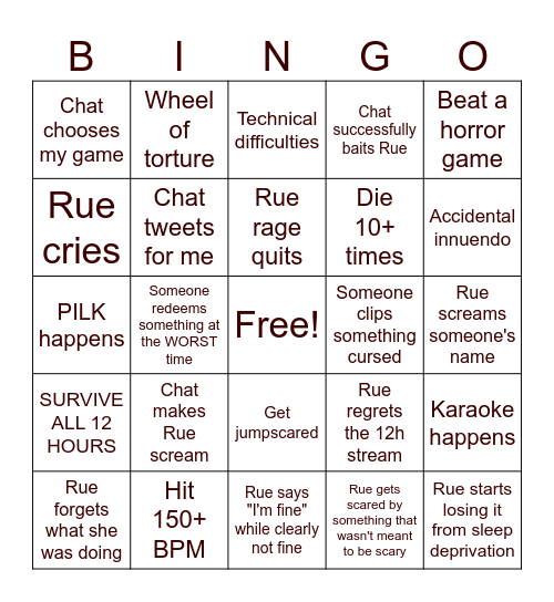 Rue's 12h stream bingo Card