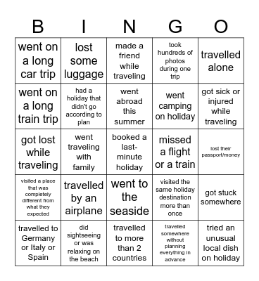 summer holidays Bingo Card