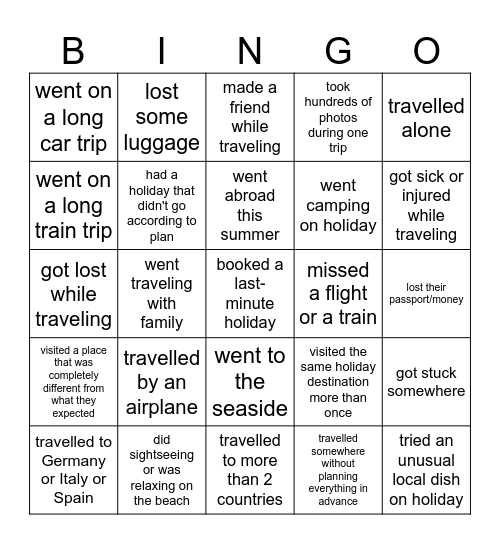 summer holidays Bingo Card