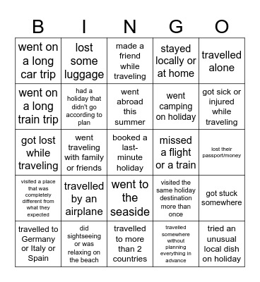 summer holidays Bingo Card