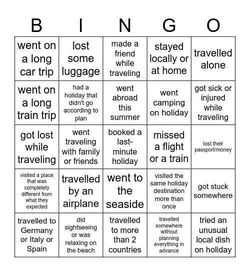 summer holidays Bingo Card