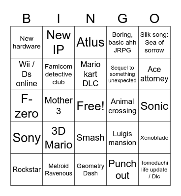 Nintendo Direct 9-9-26 Bingo Card