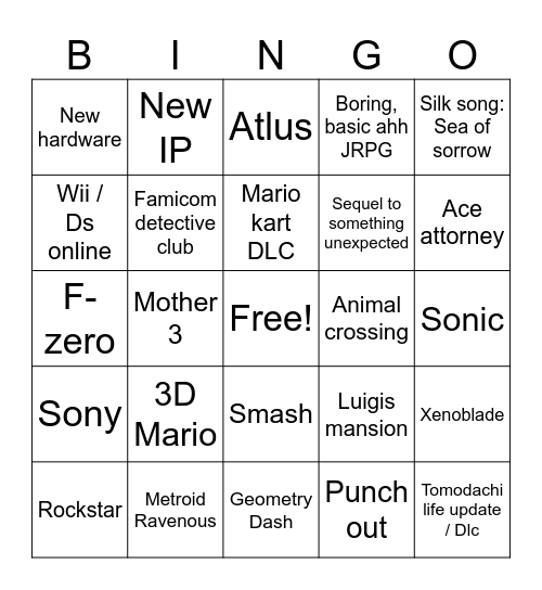 Nintendo Direct 9-9-26 Bingo Card