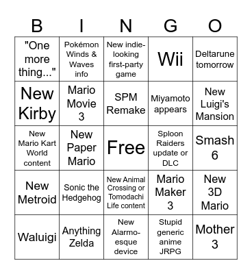 Nintendo Direct 9/9/26 Bingo Card