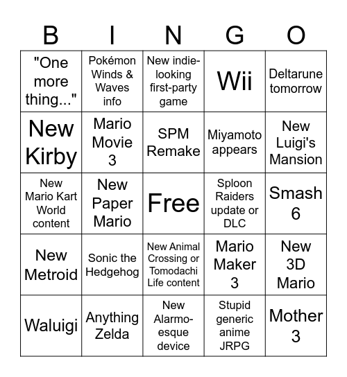 Nintendo Direct 9/9/26 Bingo Card