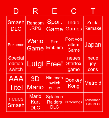 Nintendo Direct Bingo Card