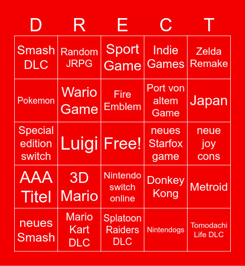 Nintendo Direct Bingo Card