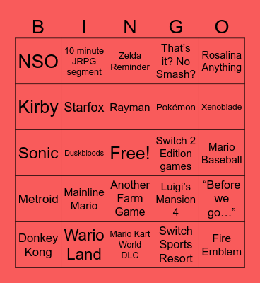 Nintendo Direct Bingo Card