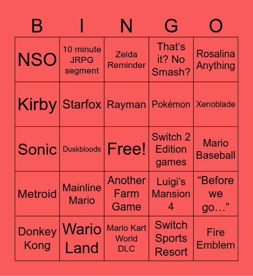 Nintendo Direct Bingo Card