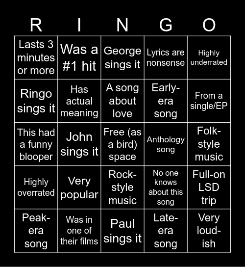 Ringo’s Bingo Card