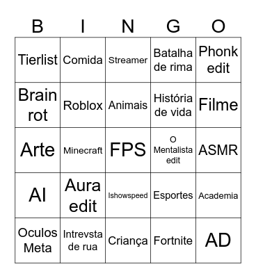 Shorts Bingo Card