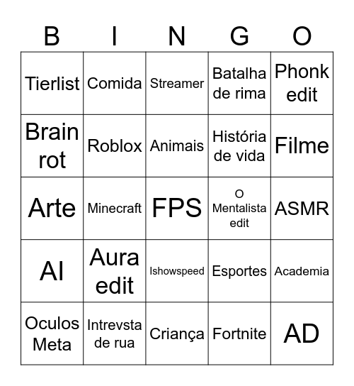 Shorts Bingo Card