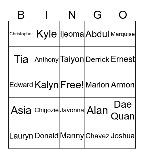 Names Bingo Card
