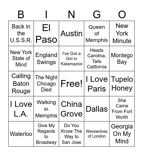 Songs with Places (set 9) Bingo Card