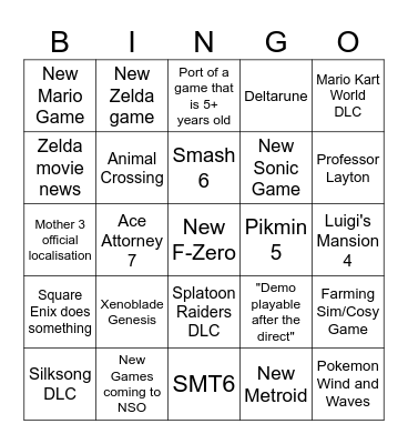 Zelda and General Nintendo Direct Bingo Card