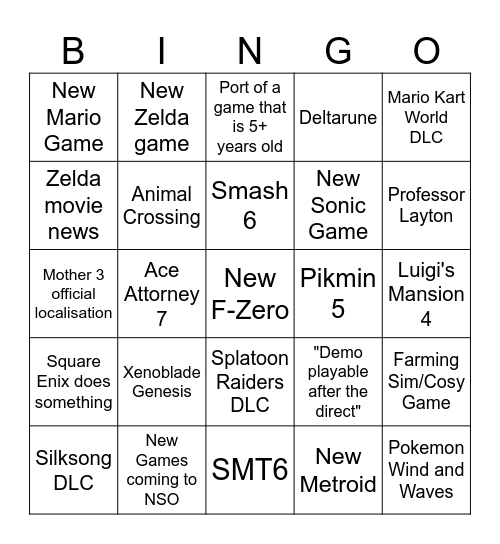 Zelda and General Nintendo Direct Bingo Card