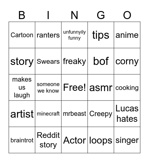 tiktk Bingo Card