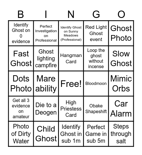 Phasmophobia Bingo Card
