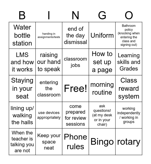 Grade 7 Expectations Bingo Card