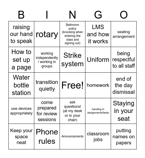 Grade 7 Expectations Bingo Card