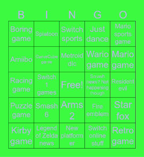 Nintendo direct Bingo Card