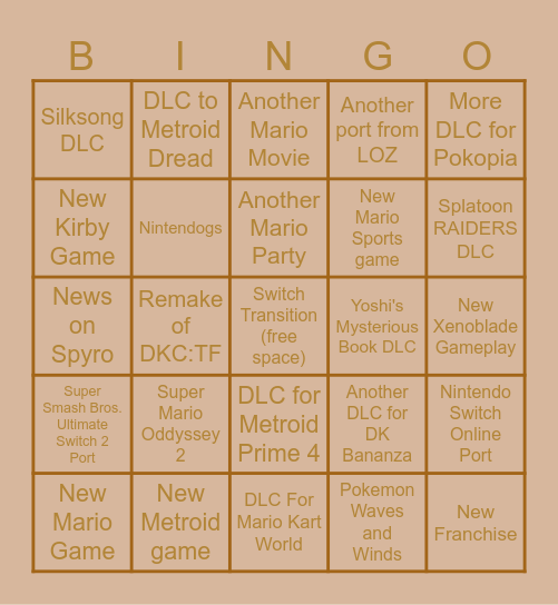 Nintendo Direct Predictions (9/9/2026) Bingo Card