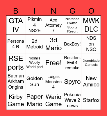 Nintendo Direct 2026.09.06 Bingo Card