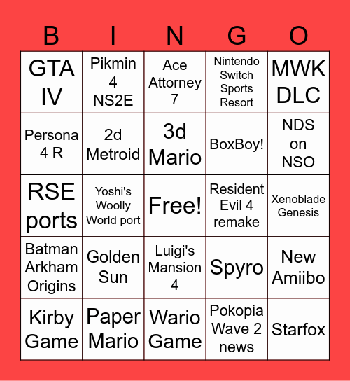 Nintendo Direct 2026.09.06 Bingo Card