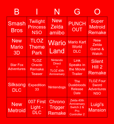Nintendo Direct + TLOU 40th Anniversary Bingo Card