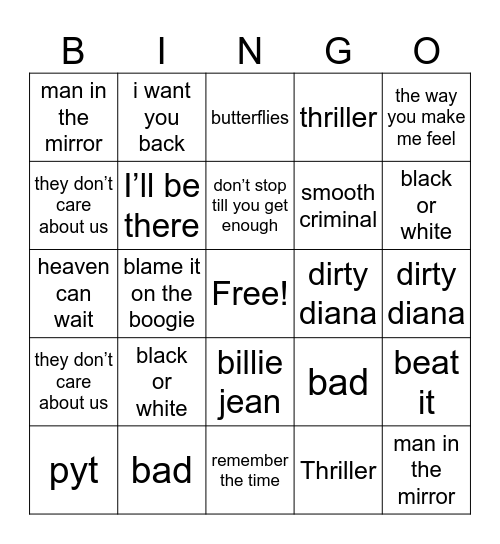 MJ Mixtape Bingo Card