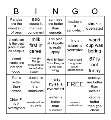 HOT TAKES 1 Bingo Card
