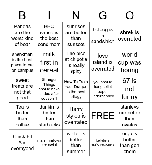 HOT TAKES 1 Bingo Card