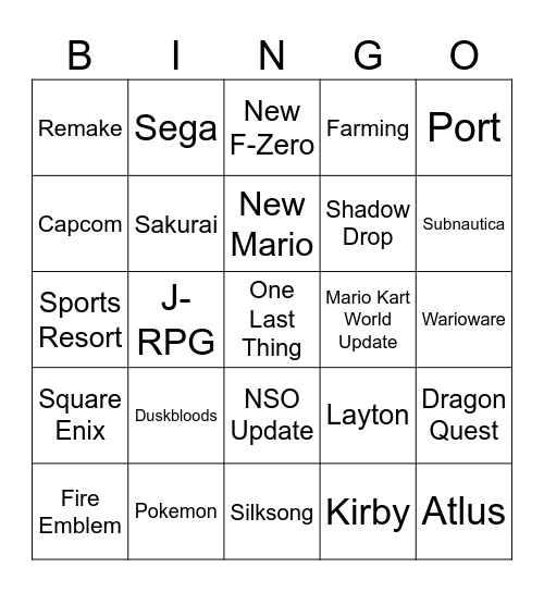 Nintendo Direct 2026-09 Bingo Card