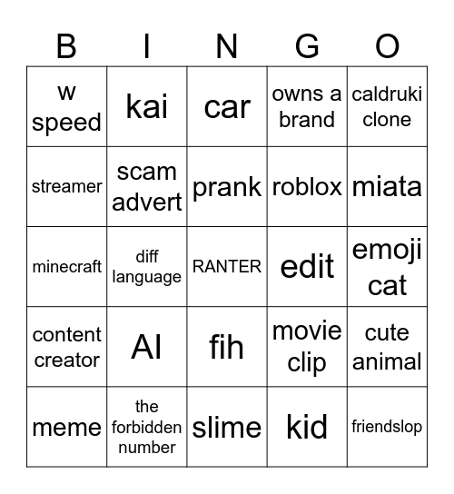 youtube shorts Bingo Card