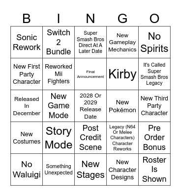 Next Super Smash Bros Game Trailer Bingo Card