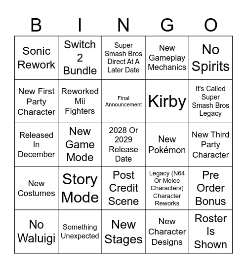 Next Super Smash Bros Game Trailer Bingo Card
