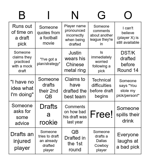 Fantasy Football Bingo Card