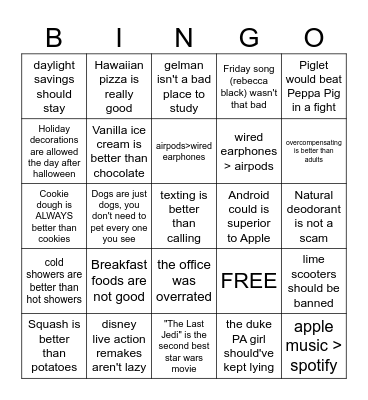 HOT TAKES 2 Bingo Card