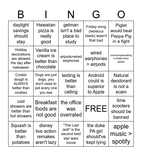 HOT TAKES 2 Bingo Card