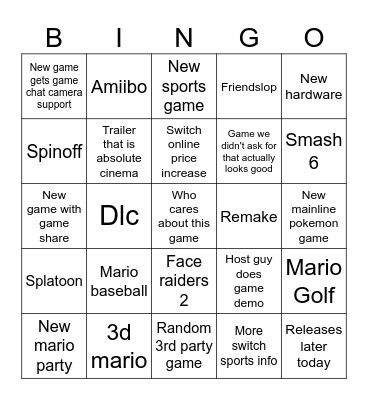 Nintendo Direct Bingo Card