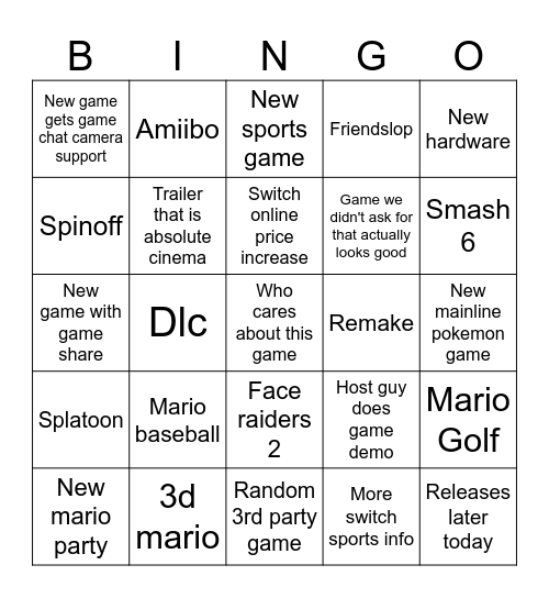 Nintendo Direct Bingo Card